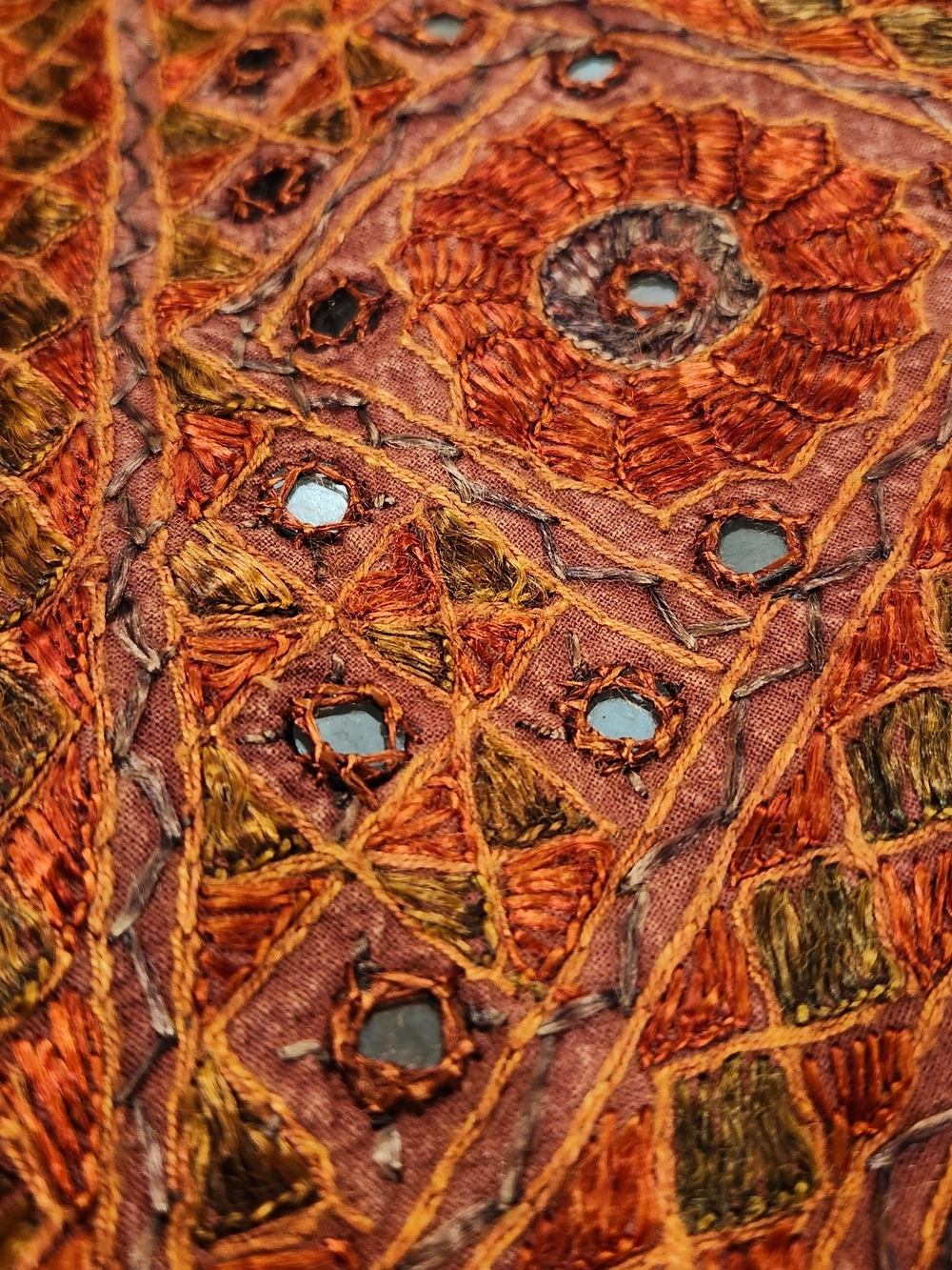 Embroidered Mirror-Accent Bed Coverlet in Rust Orange
